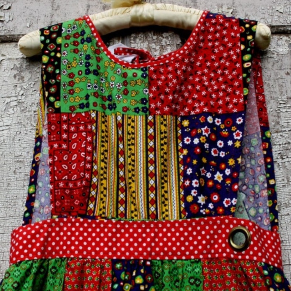 1970's Patchwork Apron Hippie Maxi Dress Polka Dot Vintage Floral Pattern